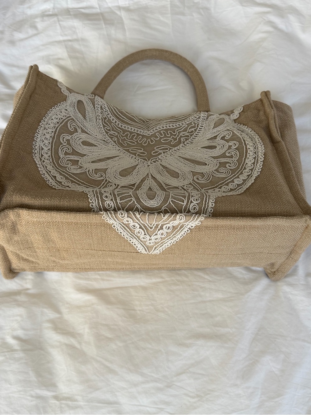 Embroidered Tan Canvas Tote with White Detail - Picture 3 of 6